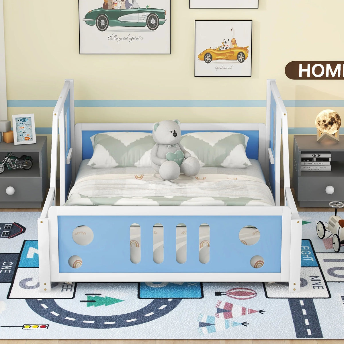 Euroco Car-Shaped Full Size Wood Platform Bed for Kids�� Bedroom, Solid Car Bed for Kids Gift, Low Profile, Blue