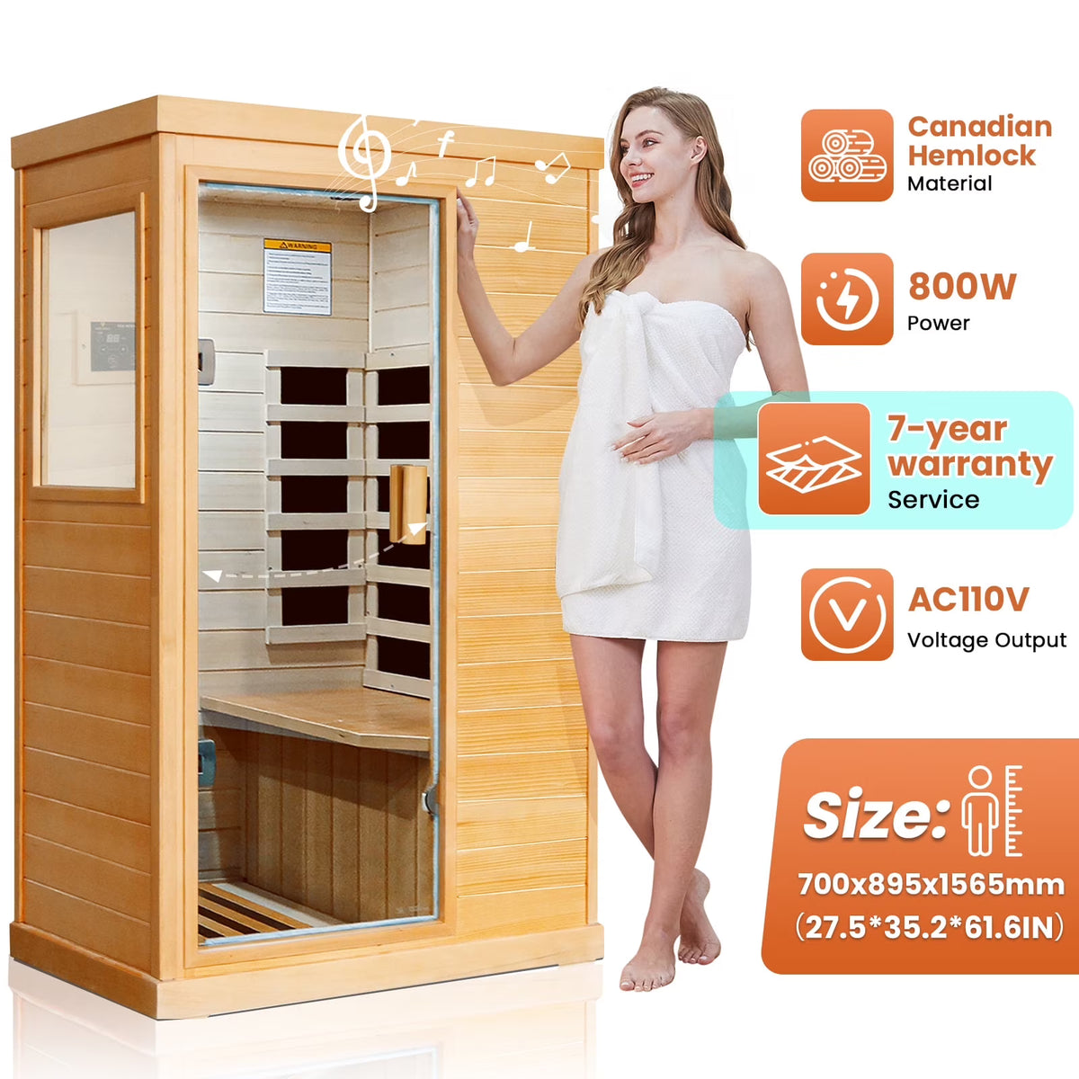 OUTEXER 800W Far Infrared Sauna with Carbon Heaters, Canadian Hemlock Wood, Indoor Use