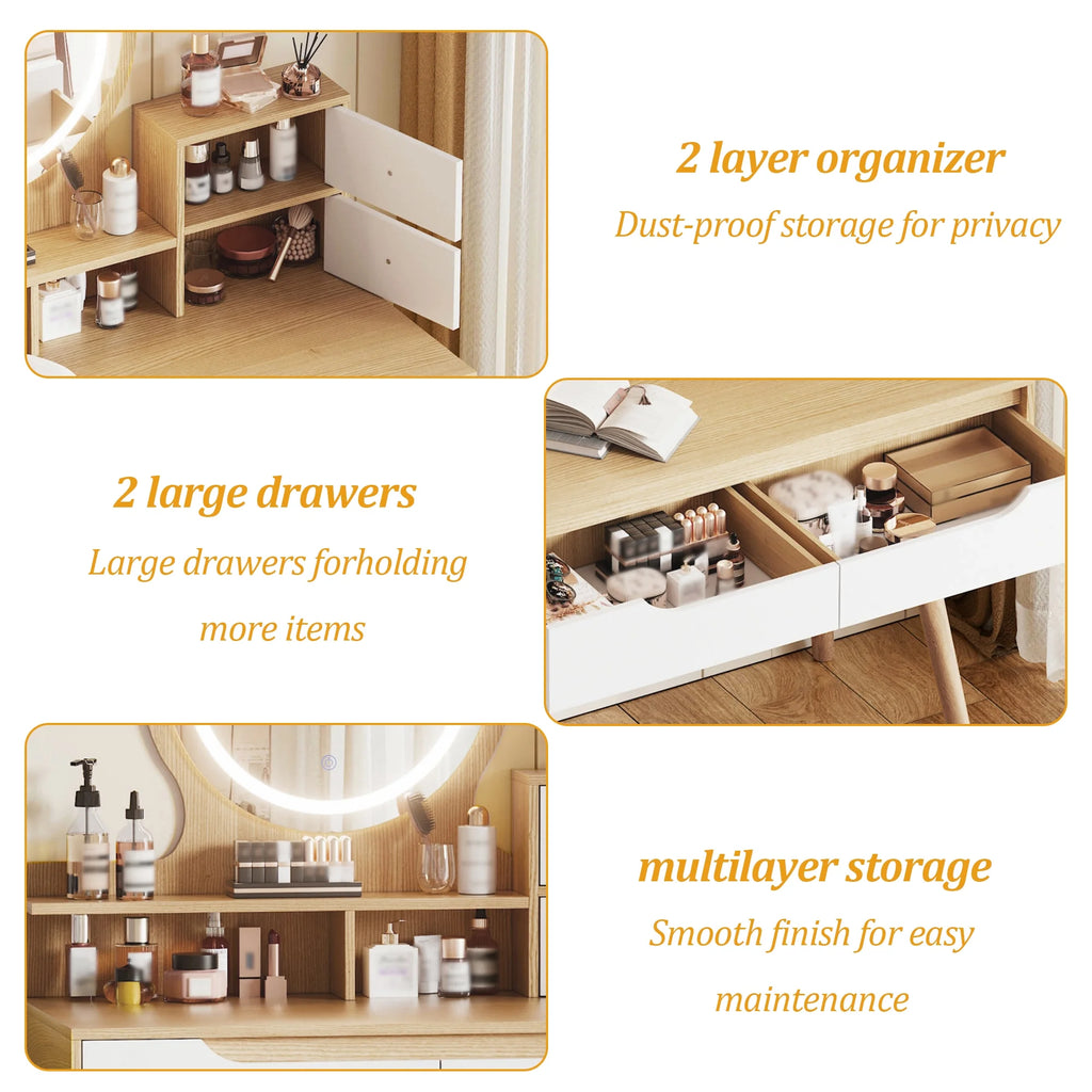 Montary Modern Mini Vanity w/Adjustable LED Mirror + Hidden Storage, Padded Stool & Dustproof Shelves (White)