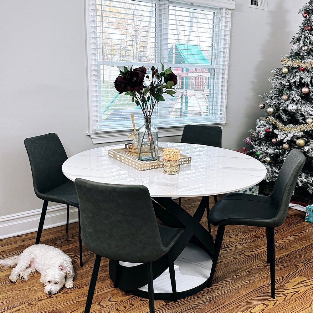 POVISON 7PCS Modern Dining Table Sets (59"Table + 6 Chairs), Round Glossy Sintered Stone Dining Table with Dining Chairs