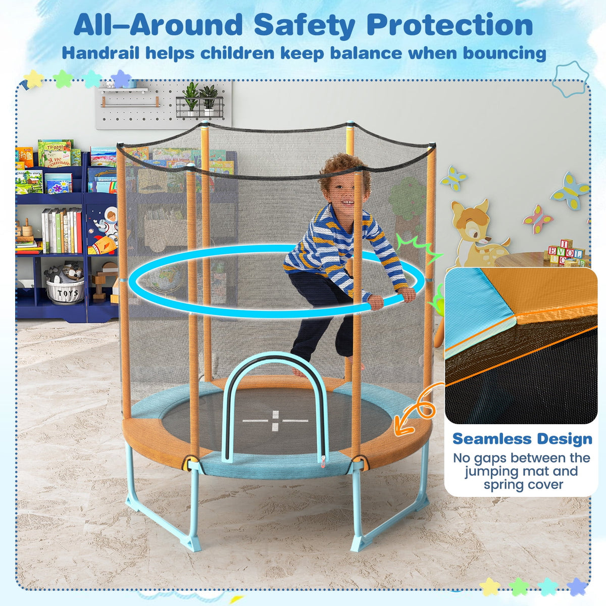 Infans 60" Trampoline for Kids w/Gymnastic Bar Rings Foamed Handle No Gap Design