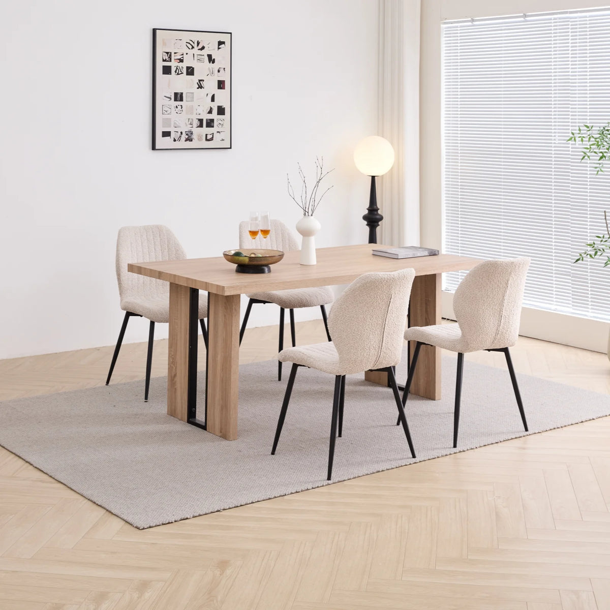 5pcs Rectangle Dining Table Chairs Set for 4, 63" Farmhouse Wood Kitchen Table with 4 Upholstered Mid Century Modern Boucle Chairs for Dinner, Living Dining Room, Apartment, Beige