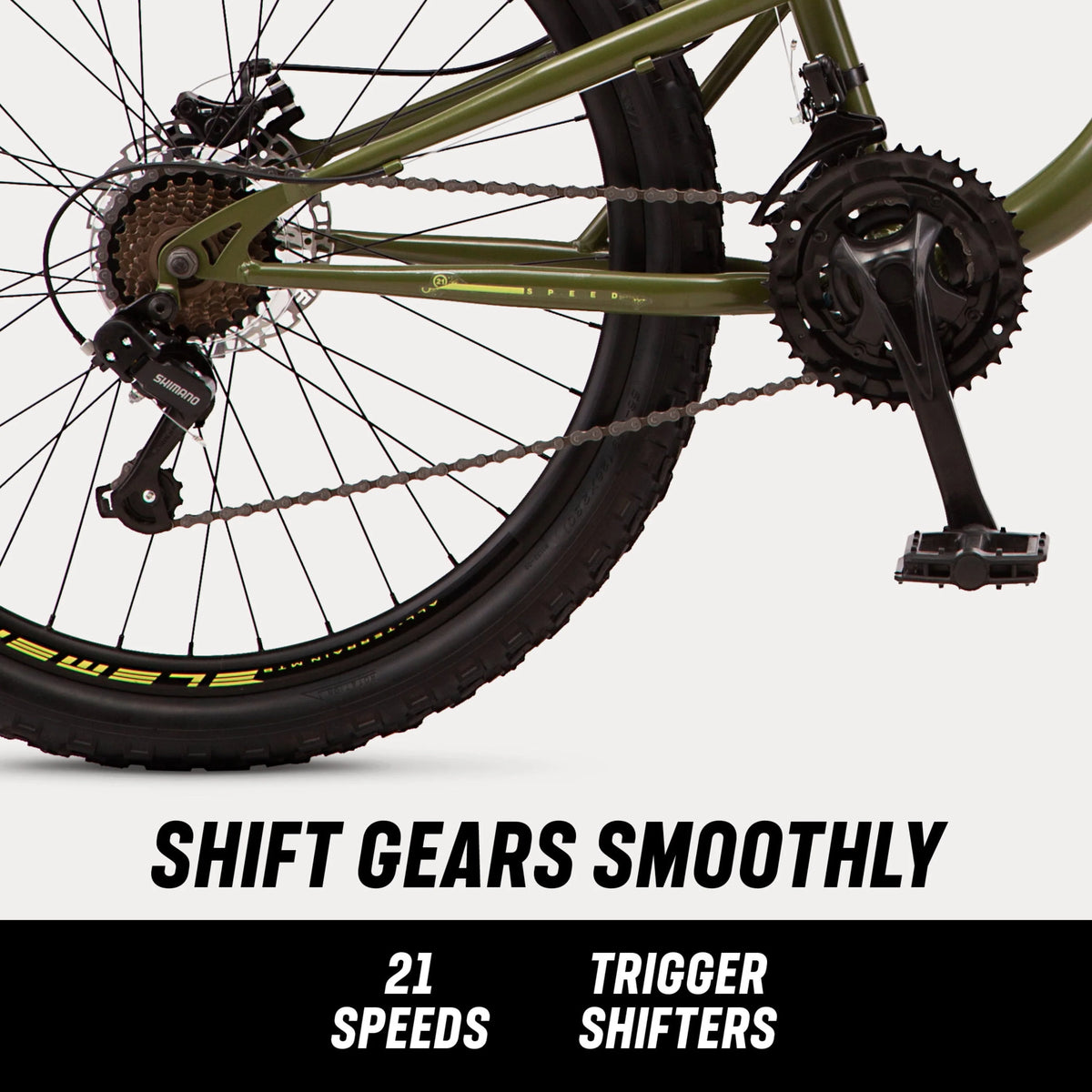 Mongoose Bash Suspension mountain bike, 21 speeds, 26-inch wheels, green