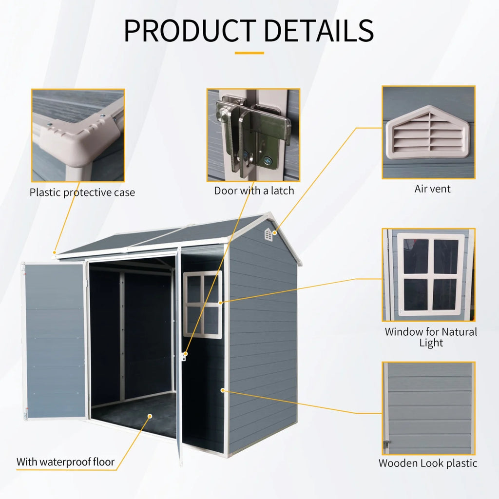 8x4 FT Outdoor Storage Shed with Floor, Resin Garden Sheds with Lockable Door, Vents & Windows, Weather Resistant Tool Shed with Sloped Roof for Backyard Patio, Grey