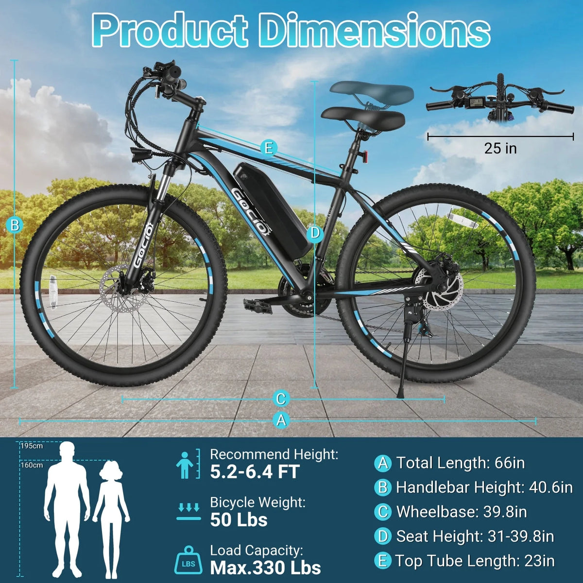 Gocio 26" Electric Bike for Adults, 500W Electric Mountain Bike, 48V 7.8Ah Removable Battery, Ebike with Front Fork Suspension, 21 Speed, UL 2849
