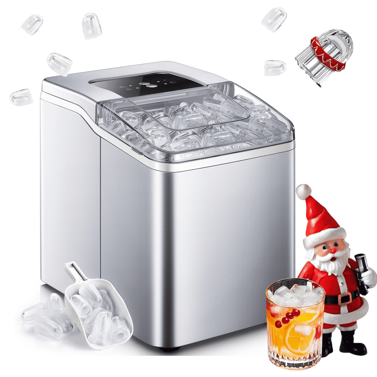 Ice Maker Countertop 2 Ice Sizes, 30 lbs Bullet Ice in 24H, Self-Clean, 9 Cubes in 5 Mins, FOHERE