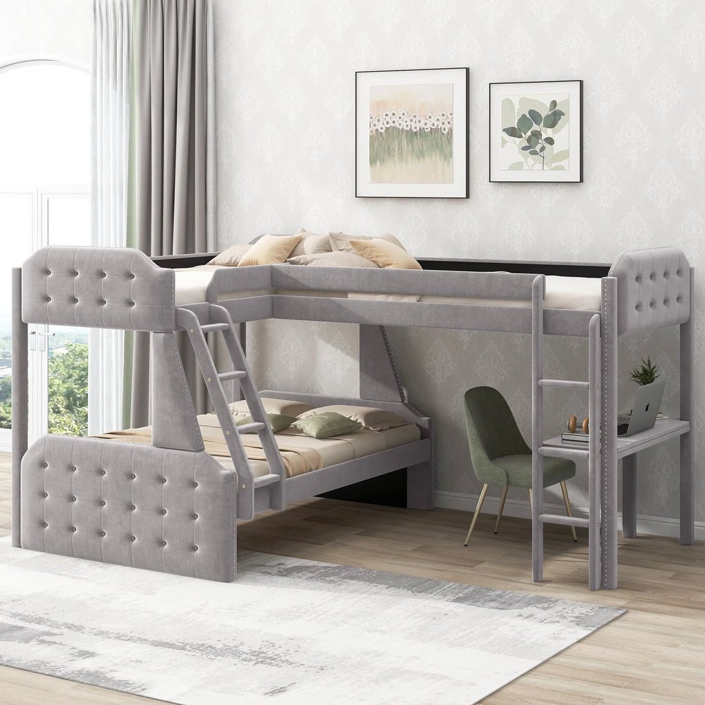 EUROCO Upholstery L-Shaped Twin over Full Bunk Bed and Twin Loft Bed with Desk for Kids Bedroom, Gray