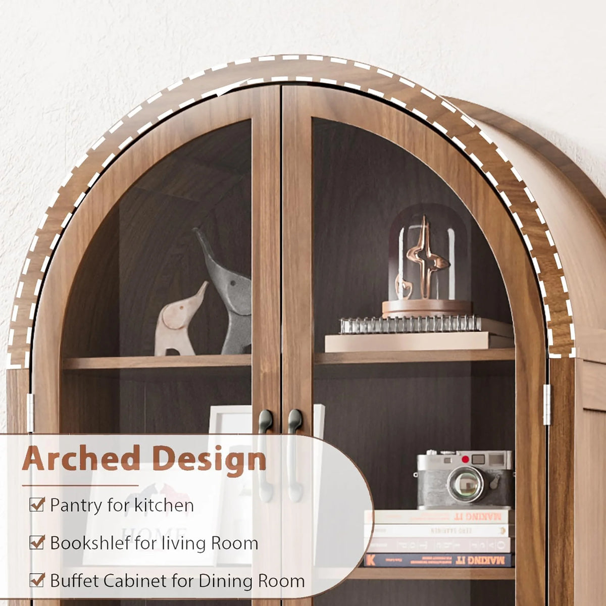 Tall Arched Storage Display Cabinet 5-Shelf with Acrylic Glass Doors, Kitchen Pantry Storage Cabinet Accent Cabinet Bookcase for Living Dining Room