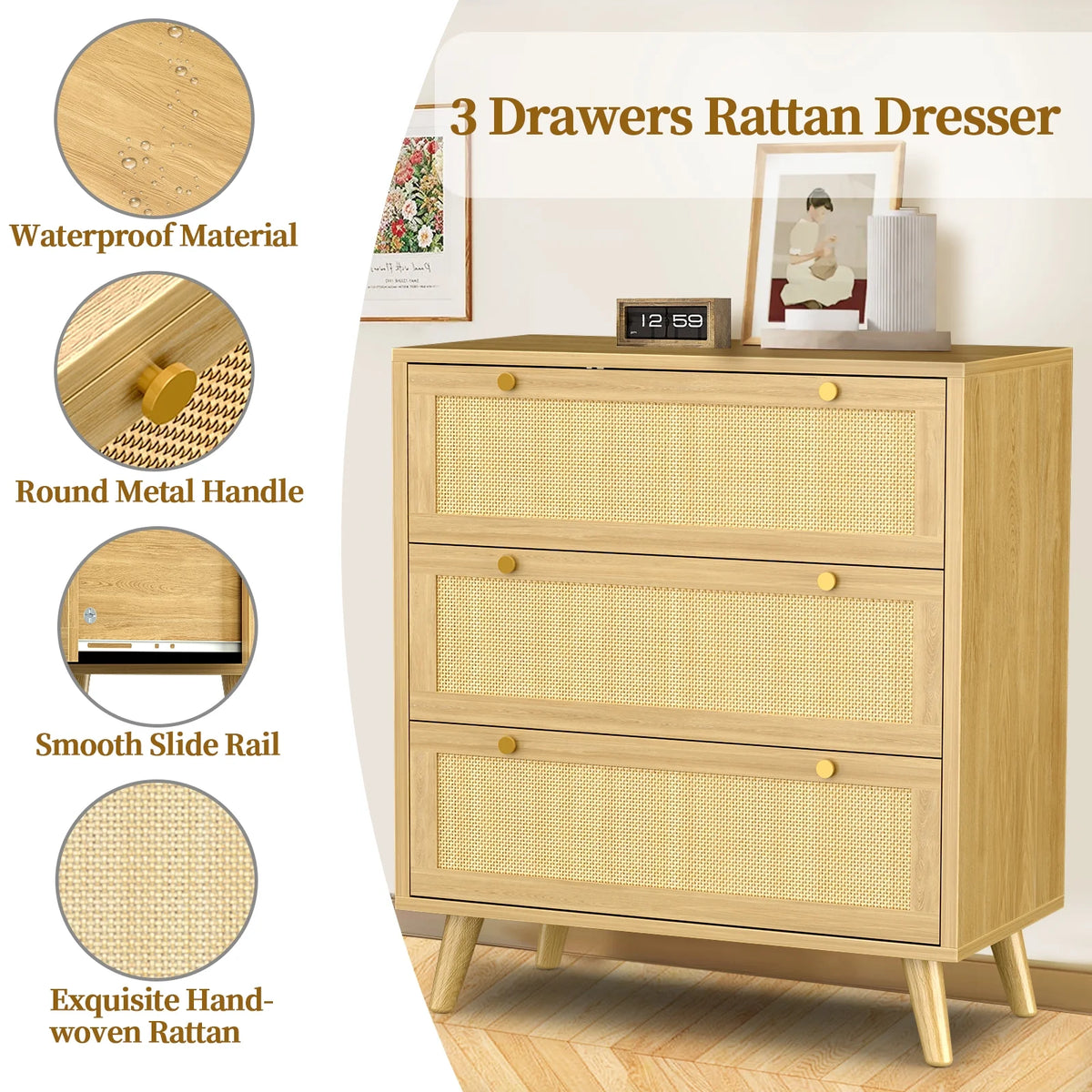 Capri 3 Drawer Dresser, Rattan Storage Wide Chest of Drawers, Night Stand Storage Cabinet for Women, Kids, Baby, Nursery, Girls, Bedroom Living Room Furniture, Natural