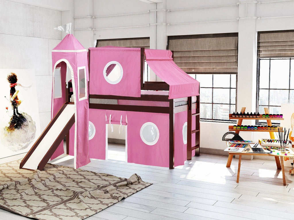 JACKPOT! Castle Low Loft Bed with Slide, Red Yellow and Blue Tent and Tower, Twin, Cherry