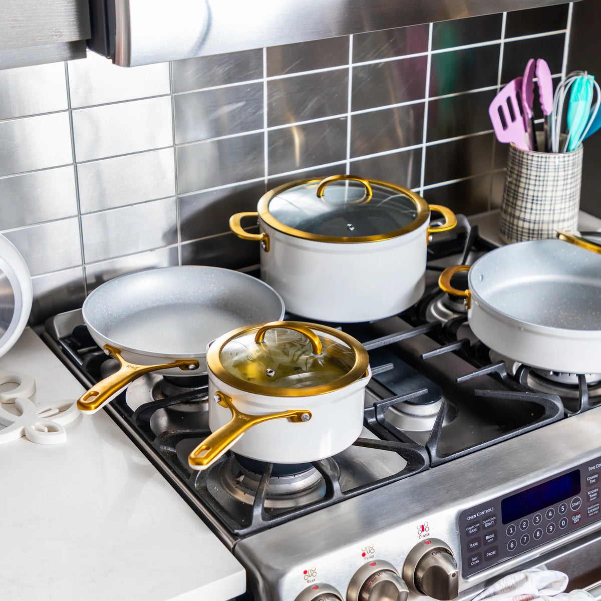 Thyme & Table 12-Piece Non-Stick Supreme Cookware Set, Pots and Pans Set - Cream