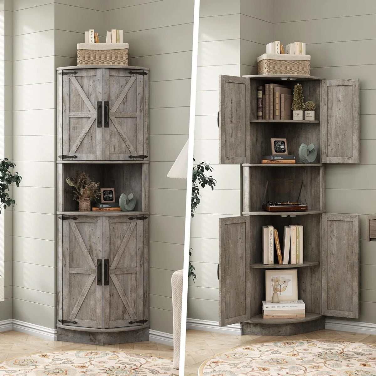 Vabches Farmhouse 64.8'' Tall Corner Cabinet with 4 Doors and 5 Storage Shelves for Kitchen, Living Room, White