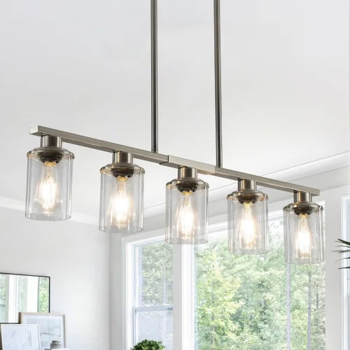 ACE-LIGHTS,Modern Industrial 5-Light Chandelier with Clear Glass Shades(Bulbs Not Included),Hanging Ceiling Light Fixture for Living Room,Dining Room,Kitchen Island(Black)