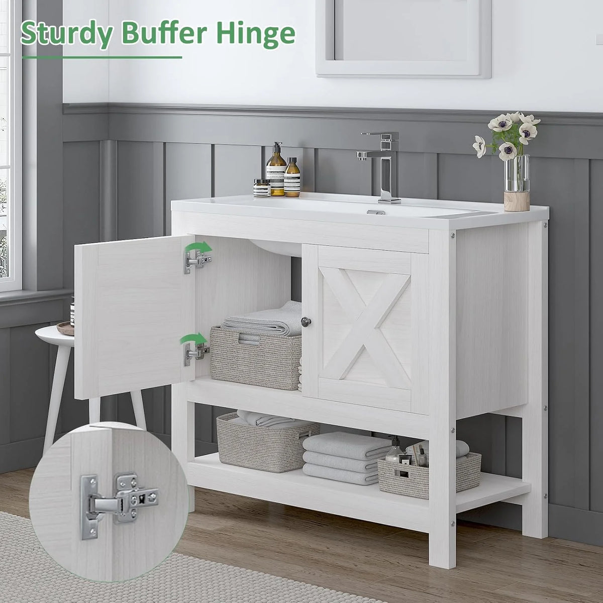 DreamCurship Bathroom Vanity with Sink Combo, 35'' Bathroom Storage Cabinet with Storage, Farmhouse Bathroom Vanity Cabinet with 2 Doors and Open Shelf, White