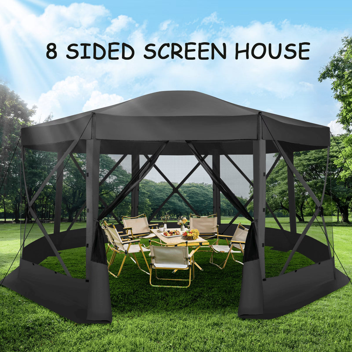 COBIZI 8x8 Pop up Gazebo Tent, Ez up Waterproof Screen Tent Screen House, Portable Outdoor Canopy Sun Shelter with 3 Sidewalls, Carry Bag & Ground Stakes for Camping, Garden and Picnics, Gray