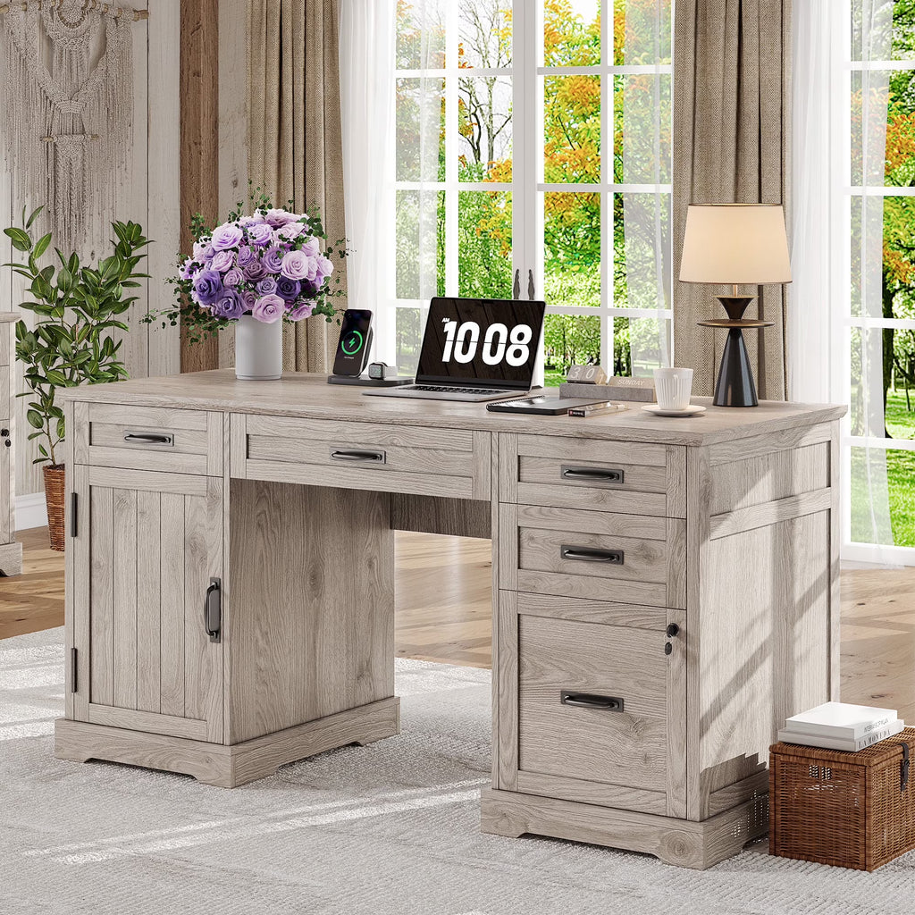 Whalefall 55 in Farmhouse Executive Desk with File Drawer for Adult Home Office, White
