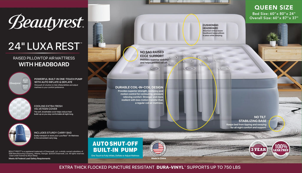 Beautyrest Headboard Luxarest 24" Queen Size Raised Air Mattress with Built-in Pump