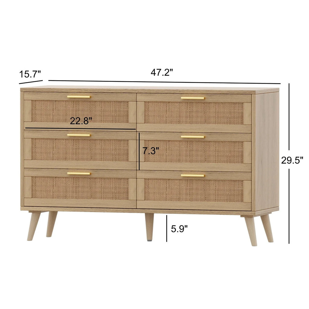 Rovaurx 6 Drawer Double Dresser Chest, Bedroom Chest of Dressers, Rattan Beside Table, Natural