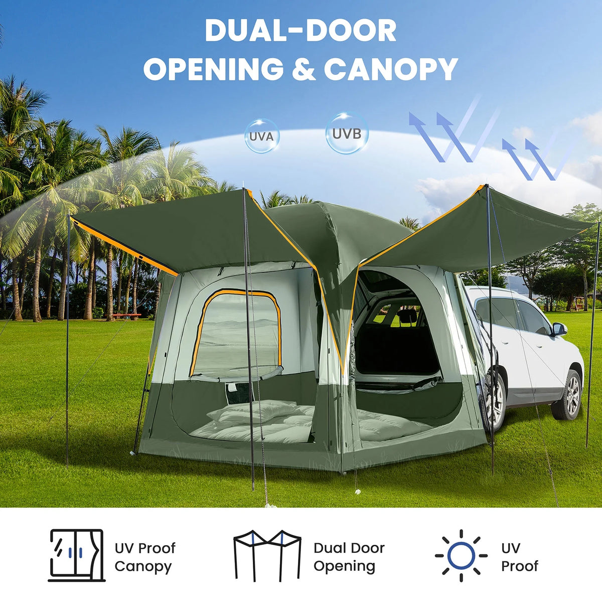 MOPHOTO SUV Tents for Camping 4 People, PU 3000mm Waterproof SUV Tent Attachment Tailgate Tent for Car Jeep Van, Spacious Space 8.2'L x 8.2'W x 7.2'H with 2 Awnings & Double Door