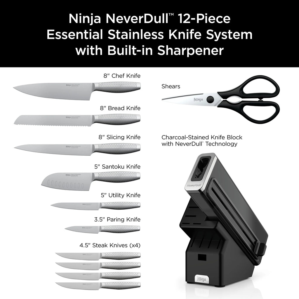 Ninja NeverDull Essential 12-Piece Stainless Steel Knife Set with Built-in Sharpener, K22012