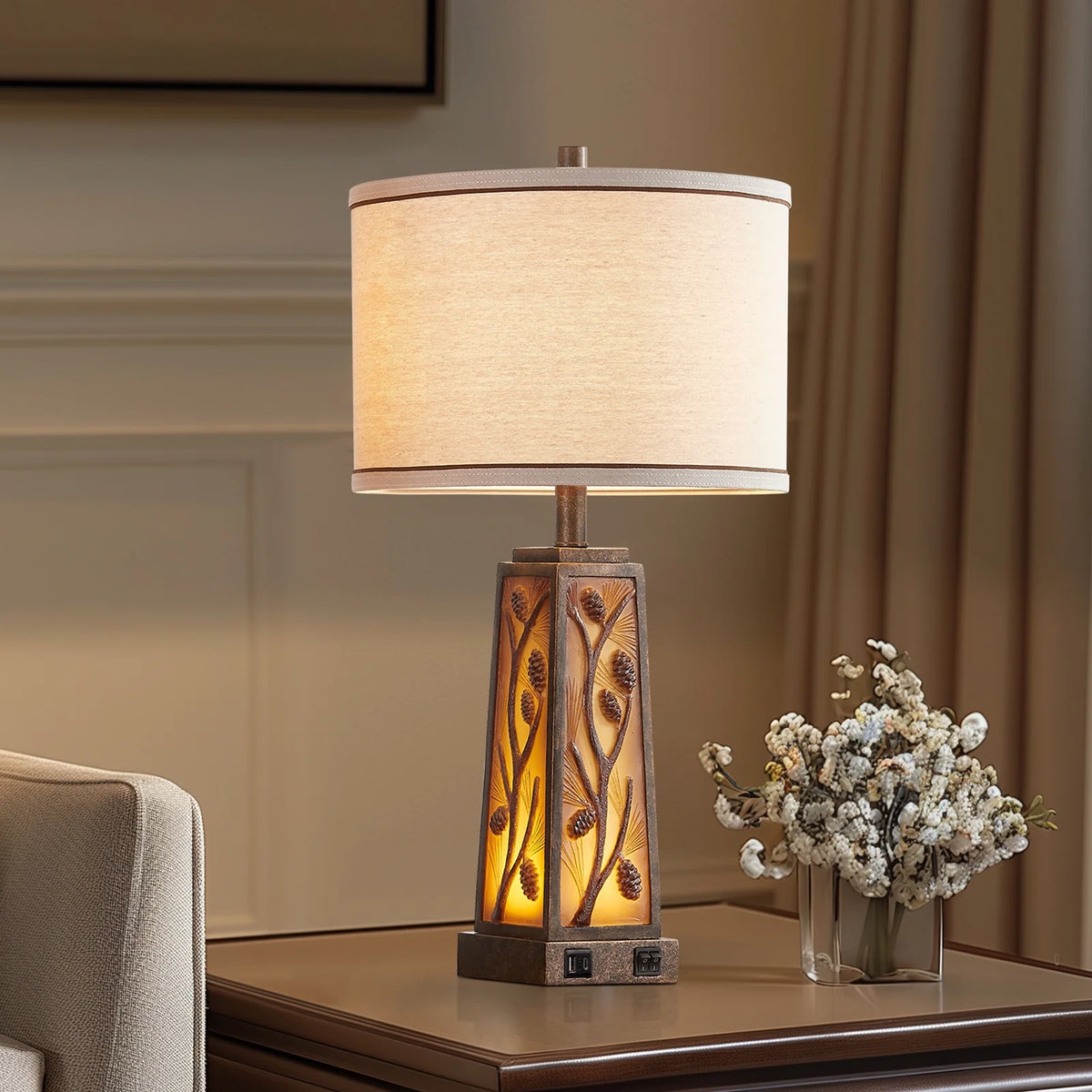 RORIA 24a?? Modern Living Room Table Lamp 2-Piece Set with 2 USB Charging Ports, Built-in White Frosted Glass with Night Light, Black Vintage Rustic Farmhouse Lamp for Bedroom Nightstand Lamps