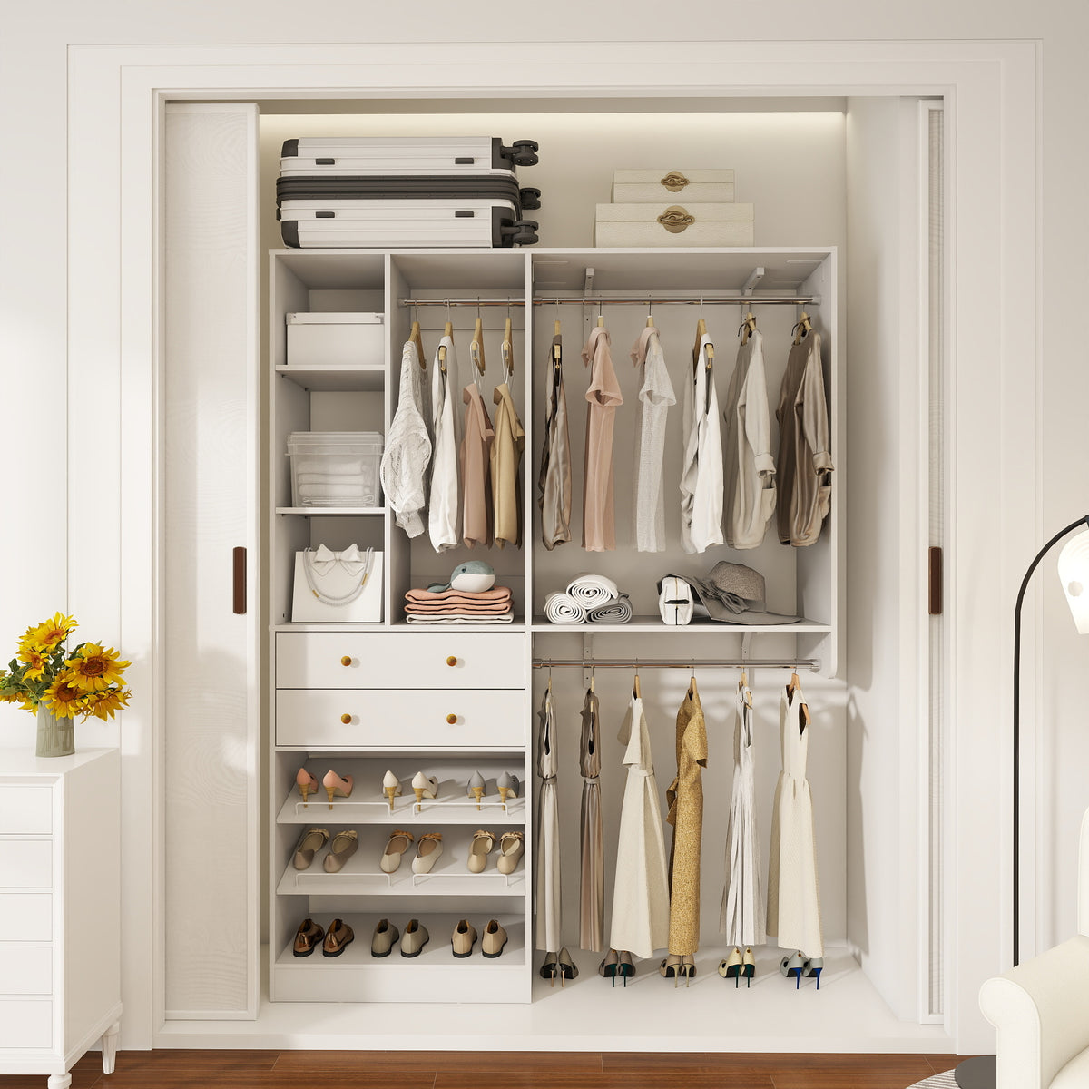 iSunirm 5FT Closet System with Drawers,5FT Closet System with Drawers, 60" Closet Organizer System with 2 Hanging Shelving Perfect Storage Solution for Organizing Your Closet