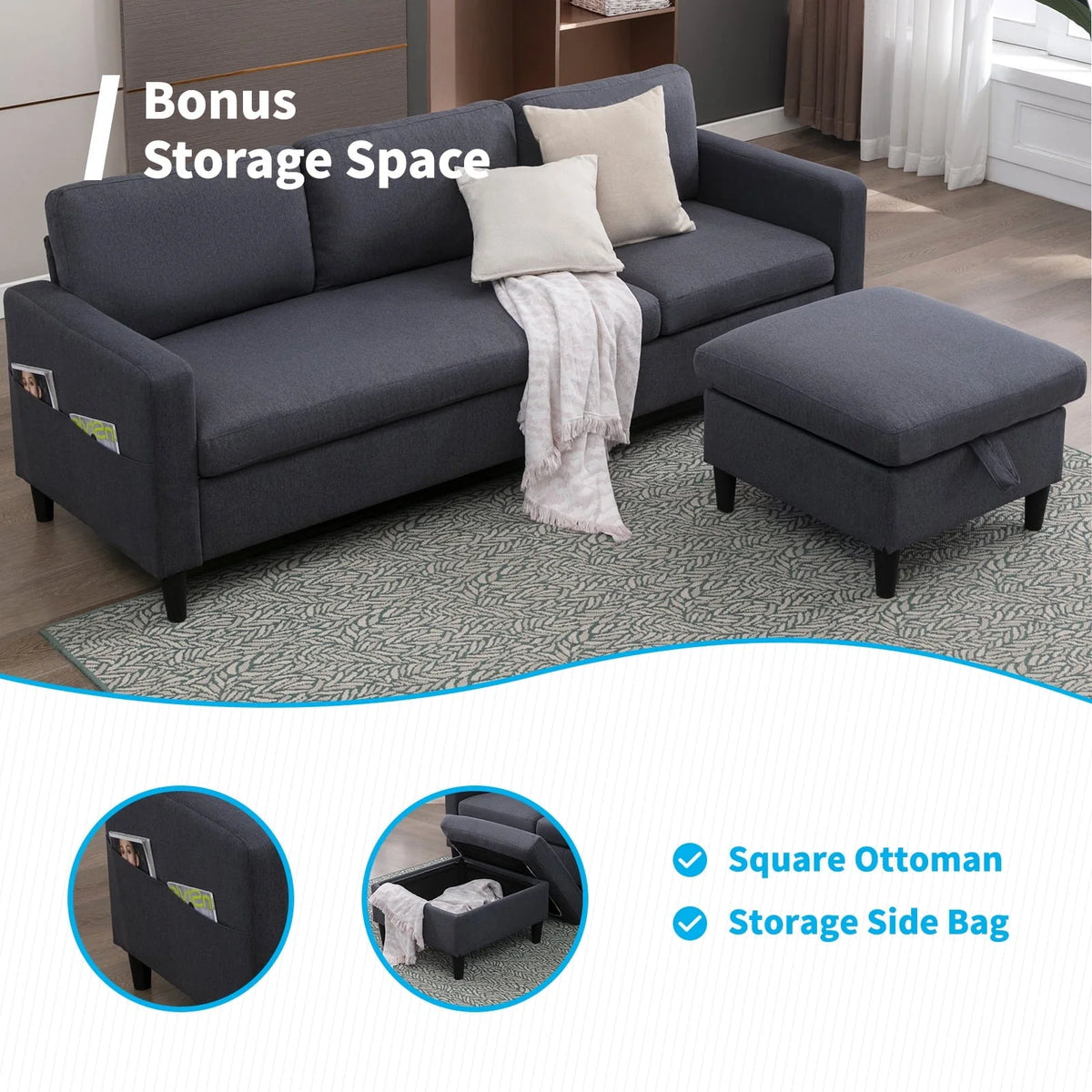 Mjkone Convertible Sectional Sofa Couch with Storage Ottoman, 86" W L-Shaped Couch for Living Room, 3-Seat Sofas with Reversible Chaise, Sectional Couches for Living Room/Office/Bedroom (Dark Gray)