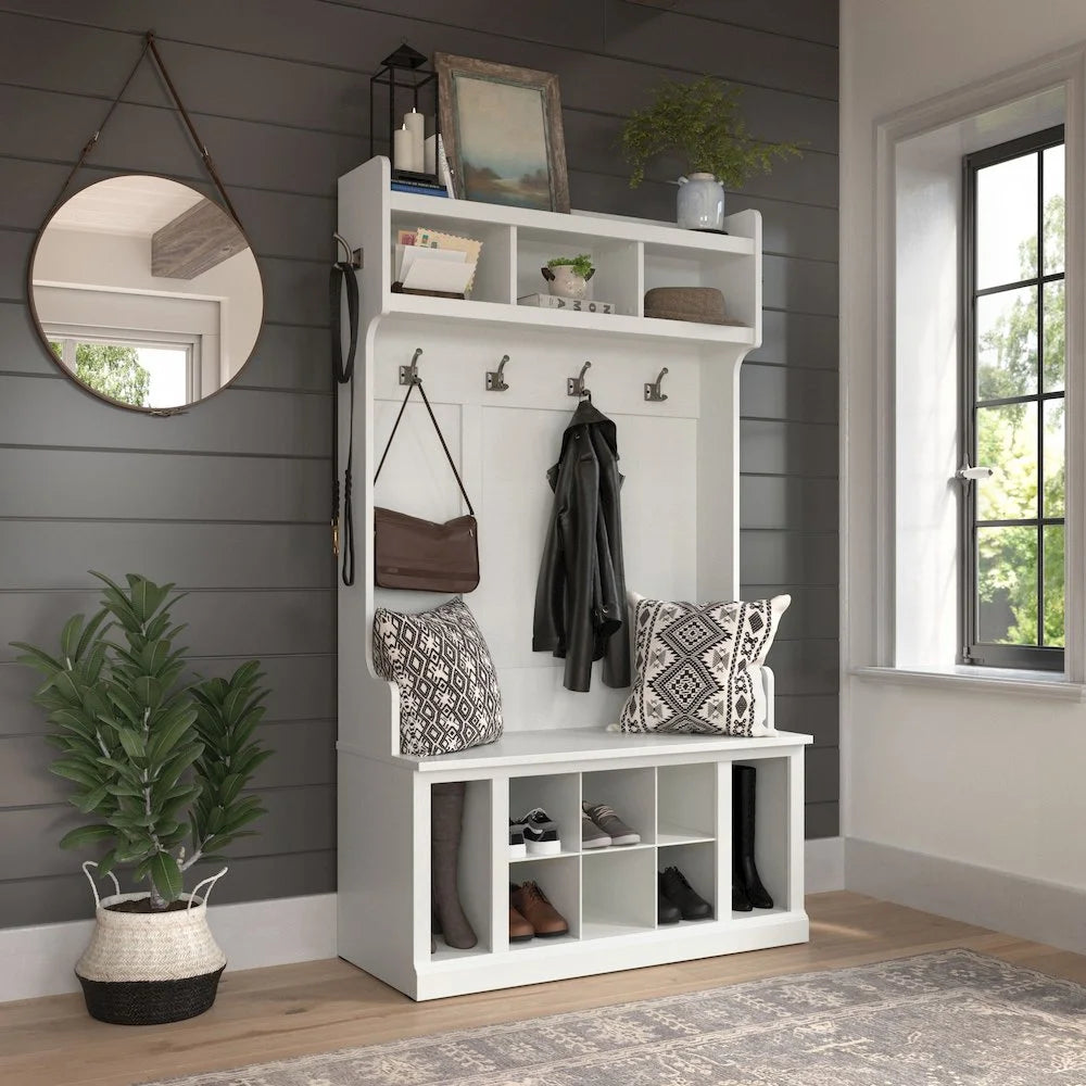 Woodland 40W Hall Tree and Shoe Bench with Shelves in Gray - Engineered Wood