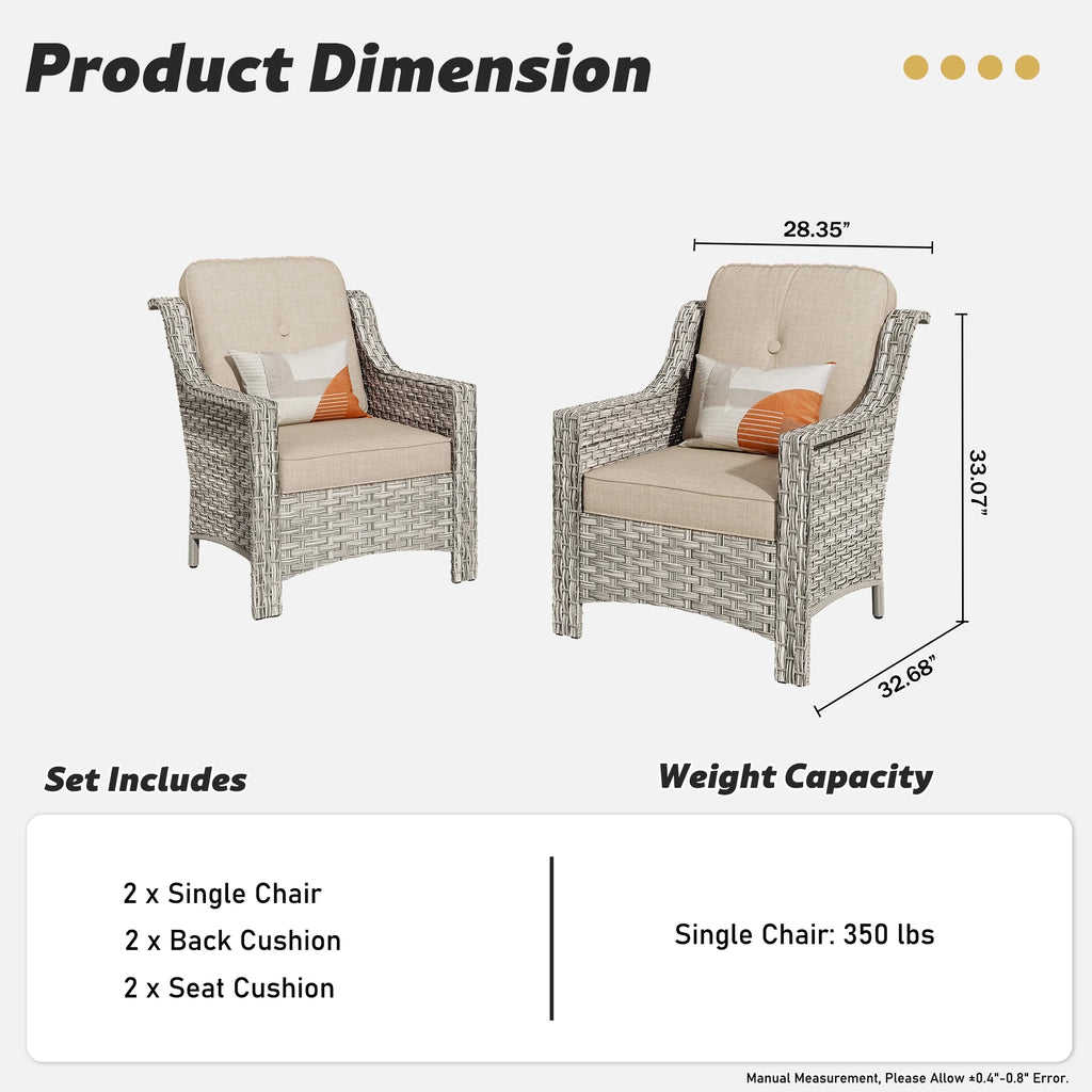 Ovios Backyard Single Chairs Set 2 Metal Wicker Rattan with Cushion, Beige Grey / Beige