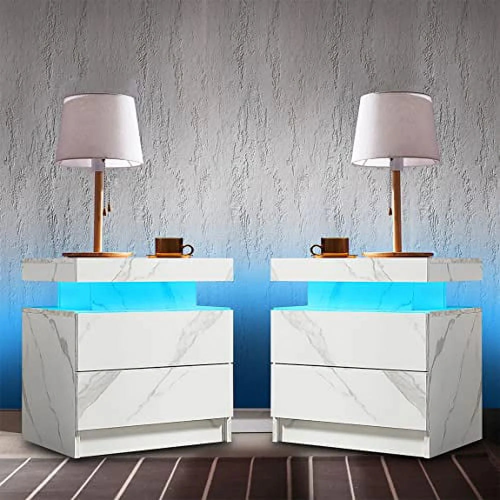 LED Nightstand Set of 2, Modern Bedside Table with 2 Drawers Storage Space, Adjustable Colors LED Light, Black