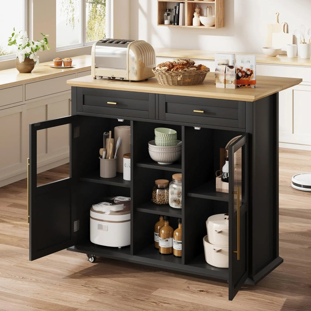 WALYWIK Foldable Kitchen Island Cart with Wheels, 2 Glass Doors, Spice Rack & Towel Holder �C Compact Mobile Storage Cart for Small Kitchens, Dining Rooms, Camping & RVs - Grey