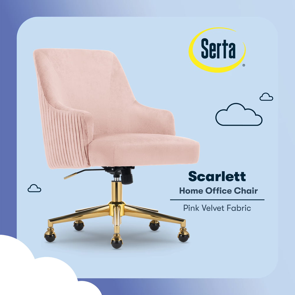 Serta Scarlett Modern Mid-Back Office Chair Velvet Fabric Gold Metal Base Pink