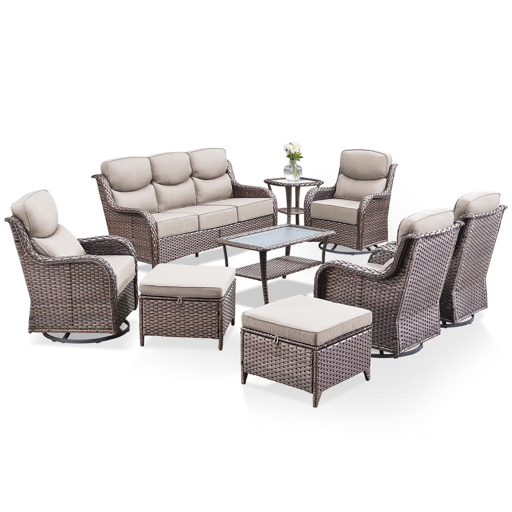 Bellefurn Luxury Outdoor Patio Furniture Set,Swivel Rocker Patio Chairs with 6-inch Thick Cushion,Patio Sofa and Glass Coffee Table,Outdoor Conversation Set for Porch, Deck, Yard