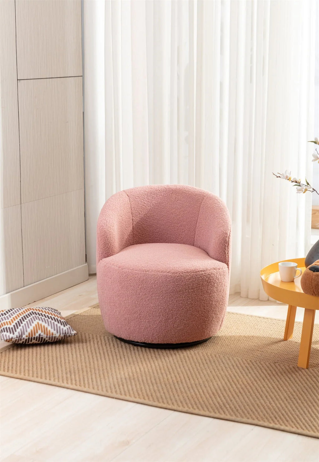 Swivel Accent Chair,Modern 360°Swivel Barrel Chair Leisure Chair,Accent Round Barrel Chair Reading Chair,Round Bucket Arm Chair with Comfy Tufted Back for Living Room Bedroom,Light Pink