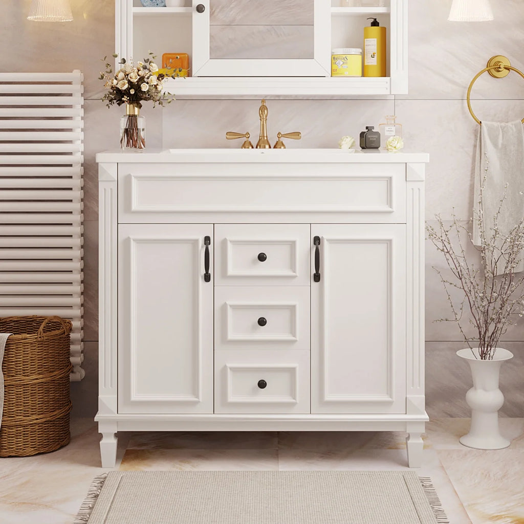 Modern Bathroom Cabinet Set with Top Sink,  Bathroom Vanity with Wall Mounted Bathroom Storage Cabinet, 2 Soft Closing Doors, 2 Drawers, Water-Resistant Paint, Grey