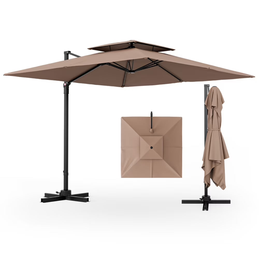 GVN 9.5 Feet Cantilever Patio Umbrella with 360° Rotation and Double Top-Coffee, Patio Offset Umbrella with Easy Tilt Adjustment, Cantilever Patio Umbrellas, Sunshade Umbrella Canopy