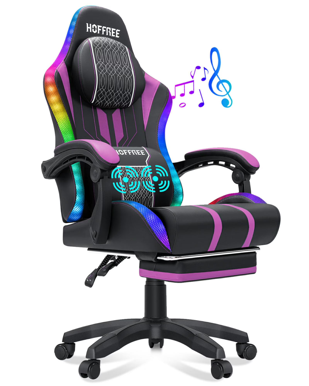 HOFFREE Big and Tall Gaming Chair with Speakers and RGB Lights, Gamer Chair with Footrest, Lumbar Support Height Adjustable 360-Swivel Seat and Headrest for Adults, 400lbs