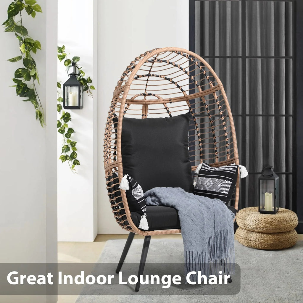Indoor Outdoor Swing Egg Chair with Stand, Patio Foldable Grey Wicker Rattan Hanging Chair with Cushion, Light Gray
