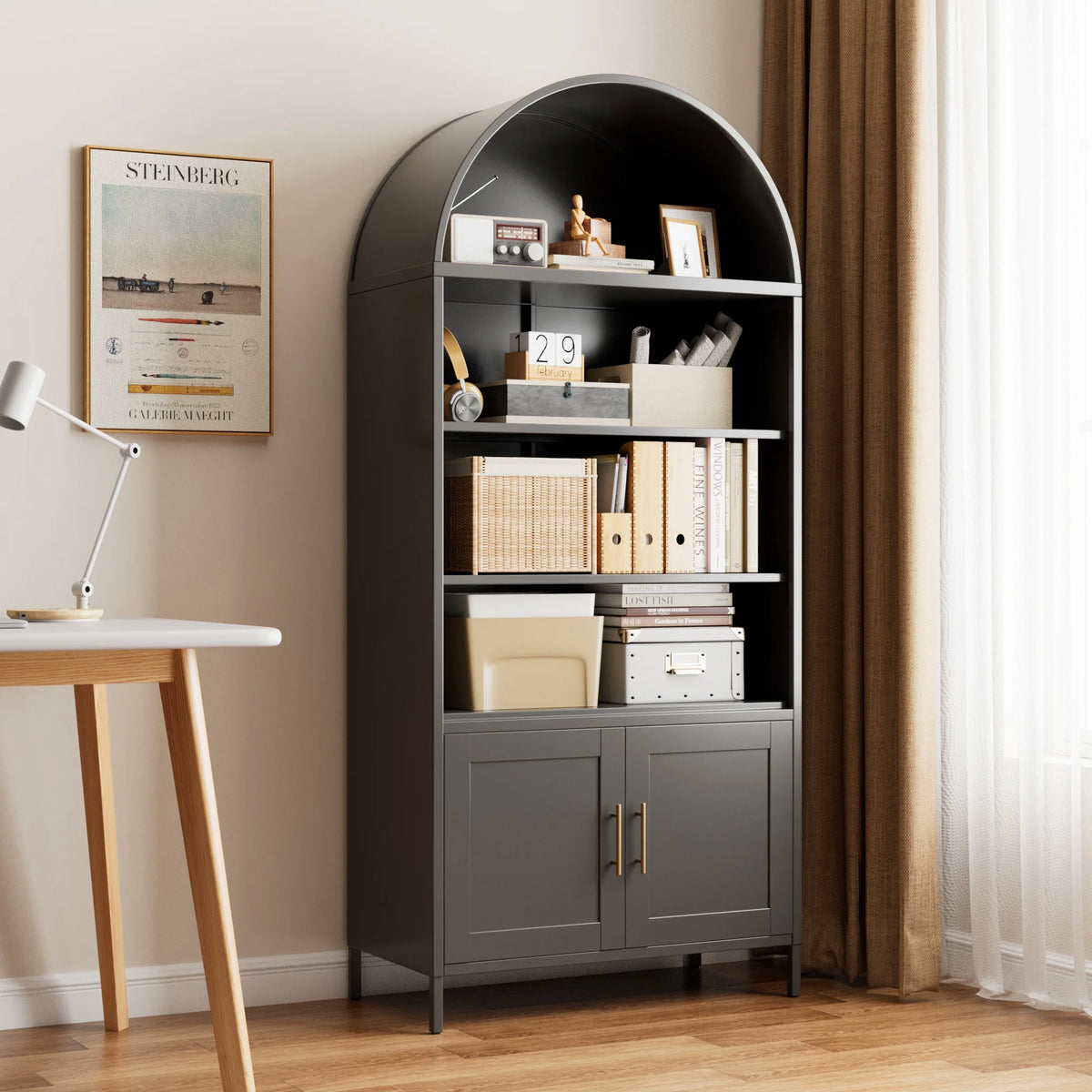 SUPEER Metal Arched Storage Display Cabinet with Glass Doors and Adjustable Shelves, Lockable Cabinet, Assembly Required, Black