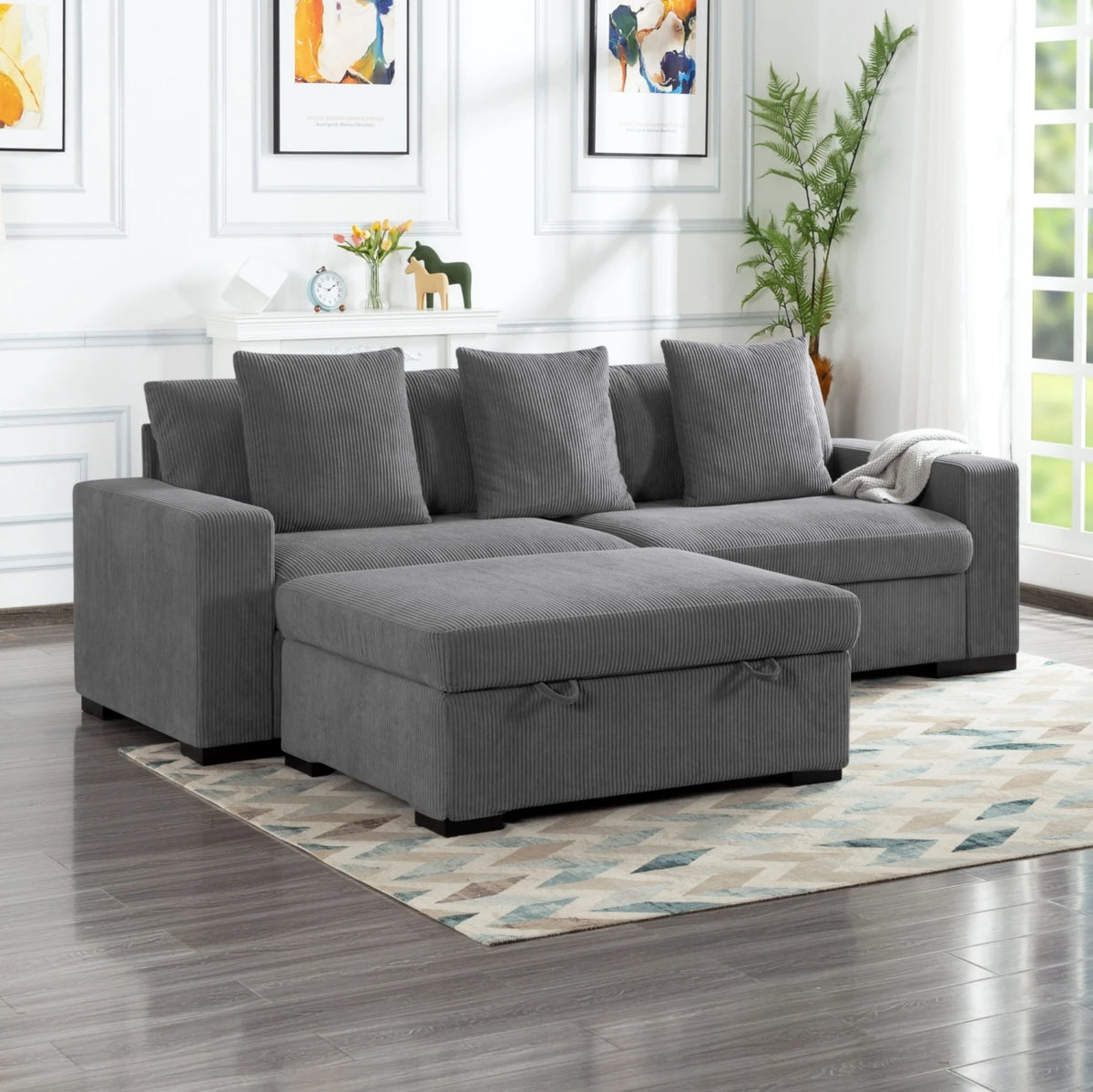 Gewnee 103.5-Inch Modular Corduroy Sofa Set with Solid Wood Legs, High-Density Foam, Suitable for Living Room/Bedroom/Office