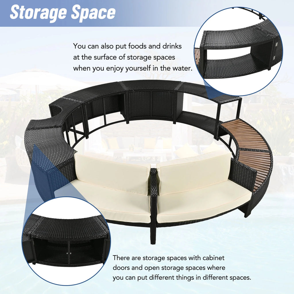 Round Hot Tub Surround Furniture, Spa Surround Outdoor Rattan Sectional Sofa Set with Mini Sofa, Solid Acacia Wood Hot Tub Storage Surround Patio Furniture Set, Gray Cushion
