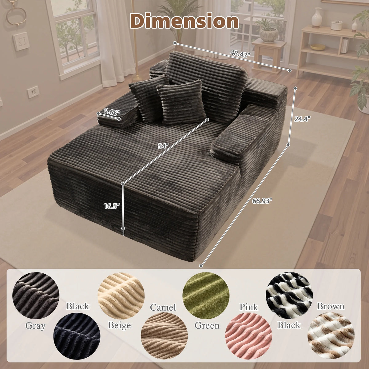 Ovios 67'' Oversized Chaise Lounge Chair Indoor Cloud Plush Corduroy Floor Sofa Bed Deep Seat No Assembly Couch for Living Room, Black