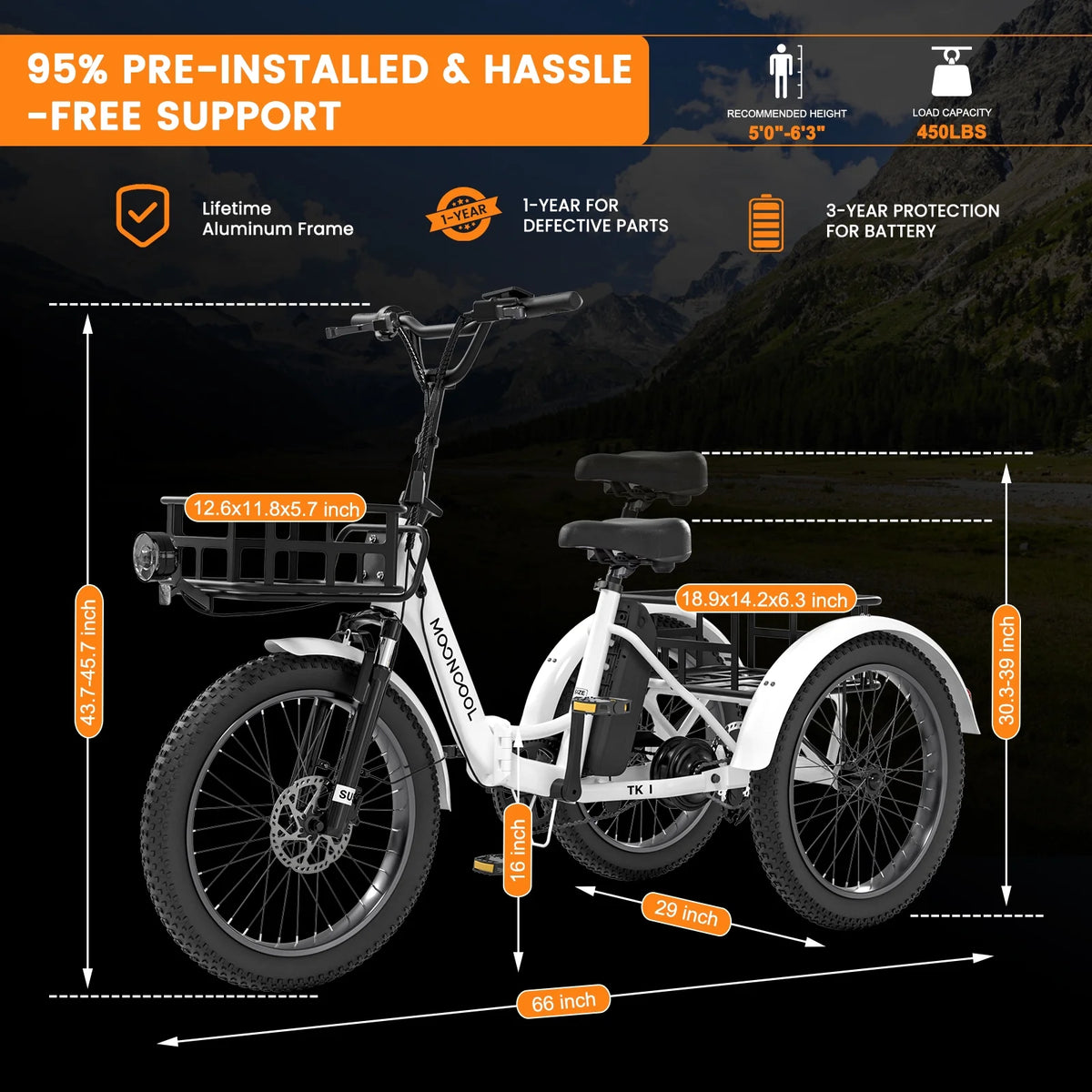 MOONCOOL TK1 Folding Electric Tricycle for Adults,48V 14.5Ah Removable battery, 500W��Peak 1000w��Motor, 20" Fat Tire Step-Thru 3Wheel Electric Bicycle w/Front&Rear Baskets, Certified to UL 2849 by SGS