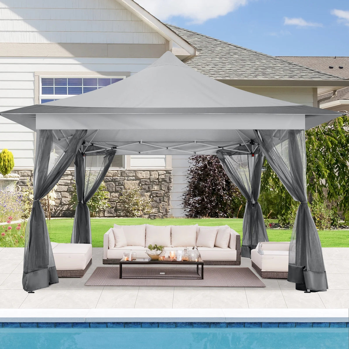 HOTEEL 12x12 EZ Pop Up Gazebo Tent with Sidewalls,Patio Gazebo Instant Shelter for Outdoor Party Camping Backyard Beach with Carry Bag,Stakes,Ropes,Gray
