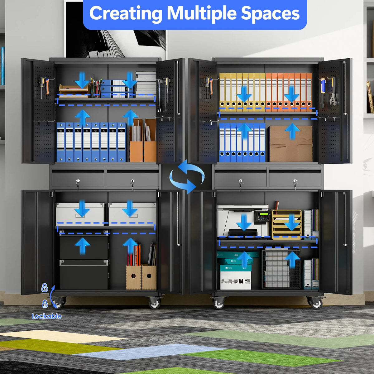 SUPEER 71" Metal Storage Cabinets with Wheels and Pegboards, Industrial Cabinet with 2 Drawers and 2 Adjustable Shelves,, Assembly Required
