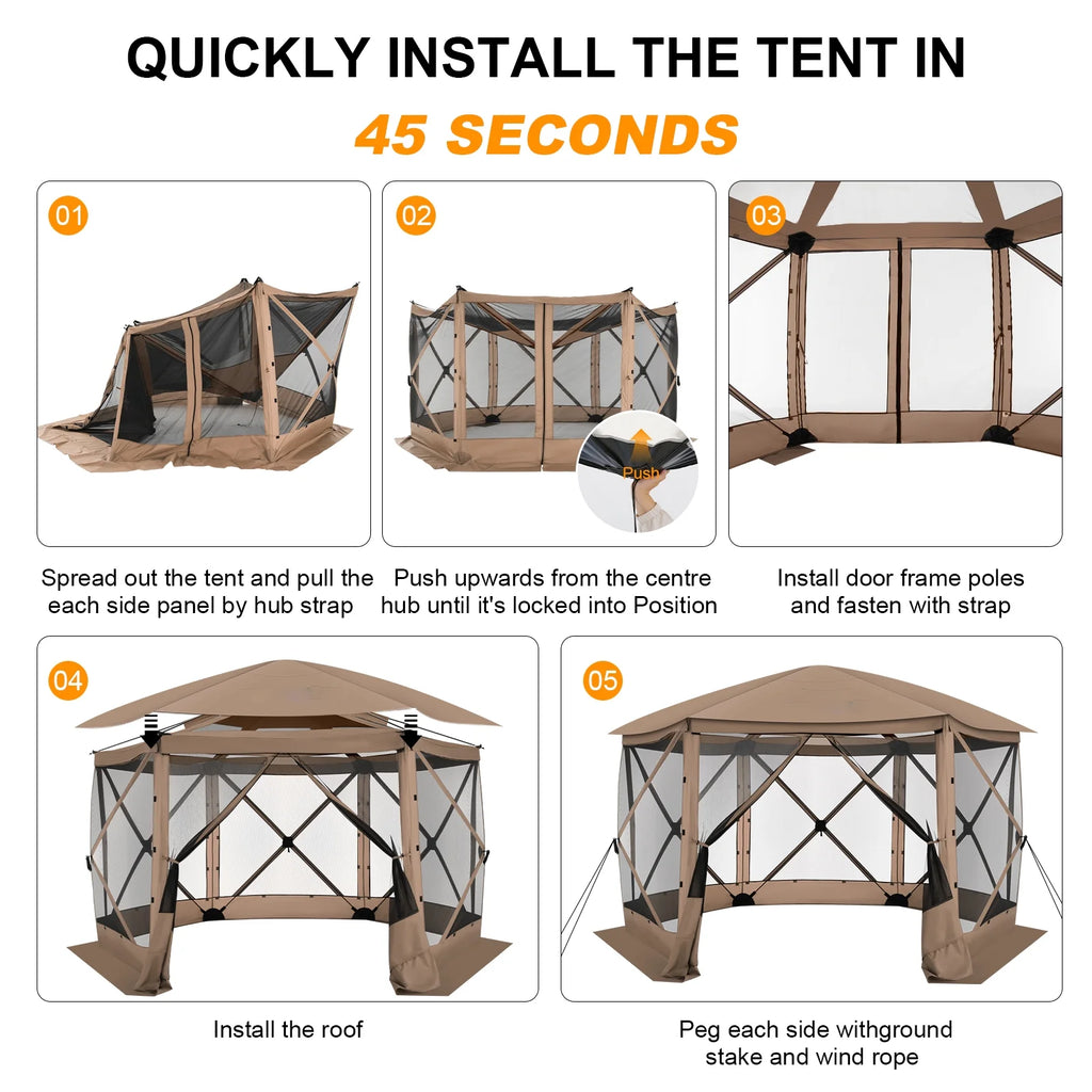 HOTEEL 12x12 Portable Pop-Up Outdoor Camping Gazebo, Screen Tent with Mosquito Nettings, Waterproof, UV, Bite Proof, Removable top Glamping Canopy with Carry Bag, Gray