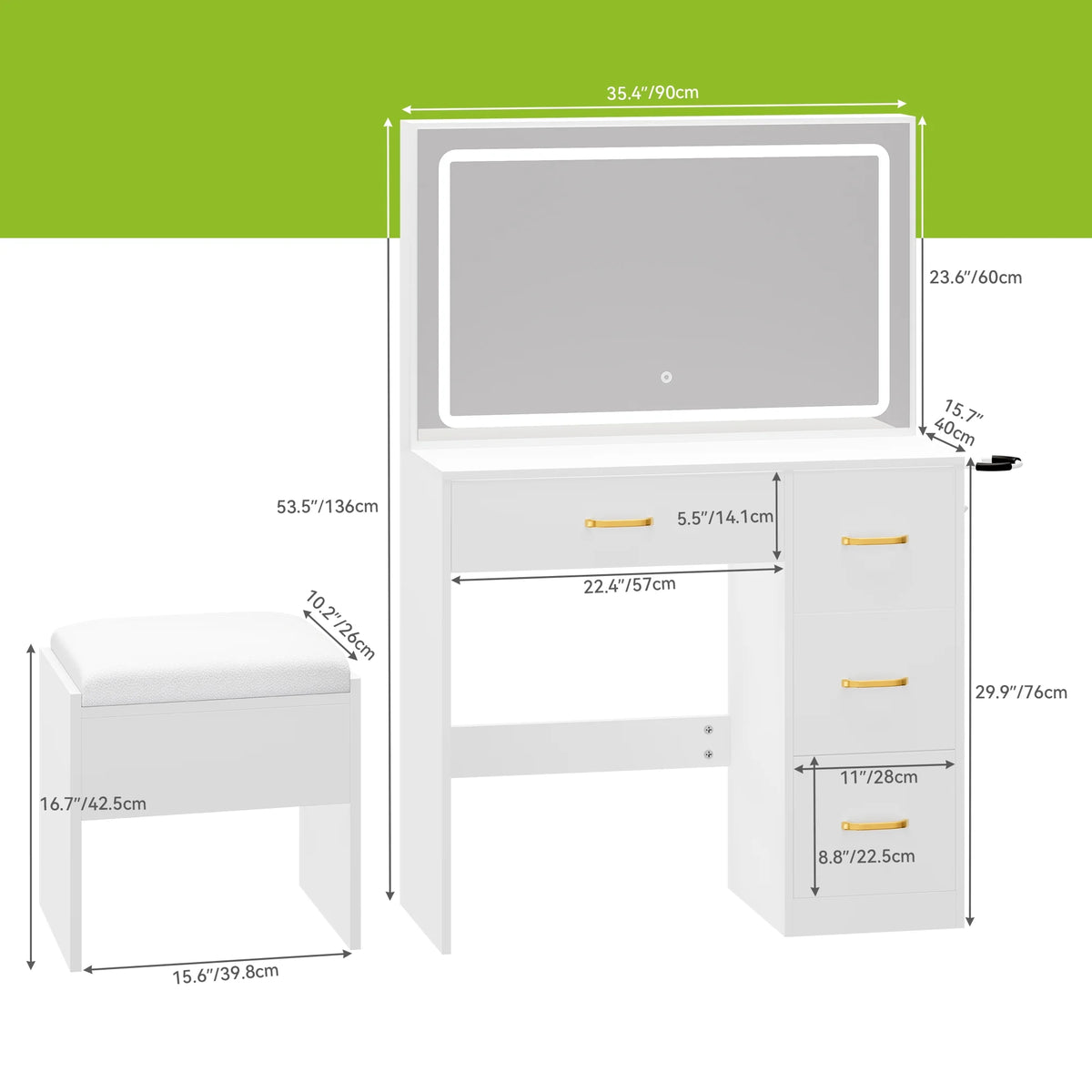 Dextrus Makeup Vanity Desk with Large Lighted Mirror and Storage - Enhance Your Beauty, Routine 4 Drawer Vanity Table with Cushioned Stool, Milky-White