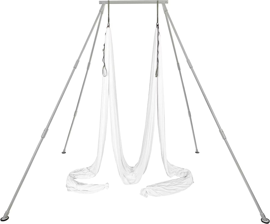Kojem 97"/2.46m Aerial Stand Yoga Frame Portable Rig Yoga Swing Bar 551 LBS/250KG Indoor Outdoor Aluminum �?Nylon with 39Ft/11.8m Aerial White Silk Yoga Hammocks