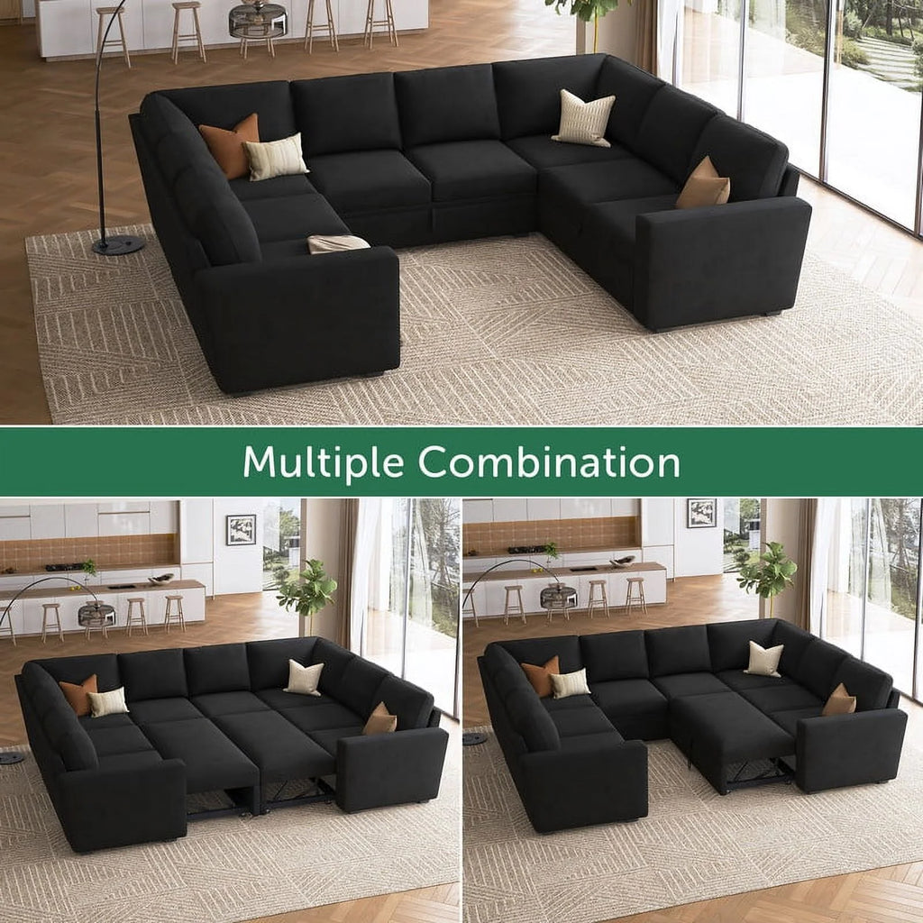 Honbay Convertible Velvet Sofa Bed with Pull-Out Couch Bed and Storage, Black