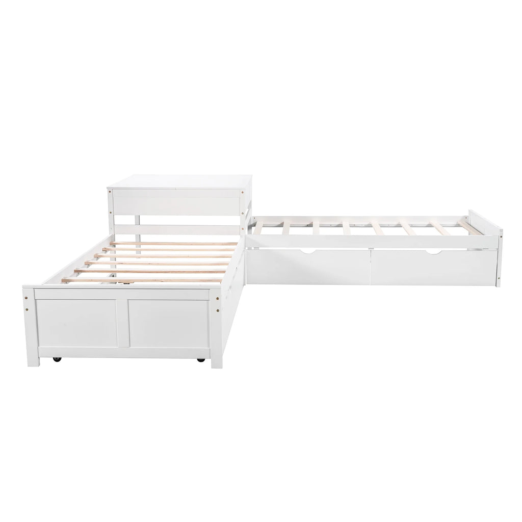 Euroco Wood Twin Size L-Shaped Platform Bed with Square Storage Table for Kids Teens, 2 Platform Beds with Trundle and Drawers for Living Room, 3 Twin Beds, Gray